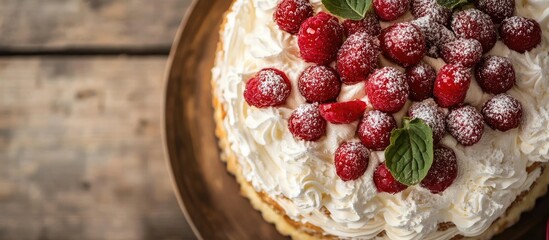 Canvas Print - Delicious Dessert Napoleon Cake with Raspberries and Mint Leaves on a Wooden Table Aerial View of Gourmet Treat