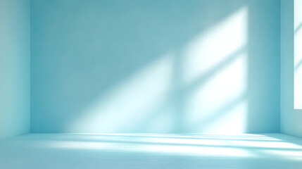 Sticker - Shadow and light from windows on plaster wall. Minimal abstract light blue background for product presentation.