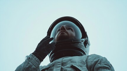 Poster - Astronaut in a space suit gazing upwards, conveying exploration and curiosity.