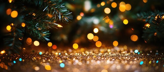 Wall Mural - glittering christmas background with multicolored bokeh lights and festive decorations creating a wa