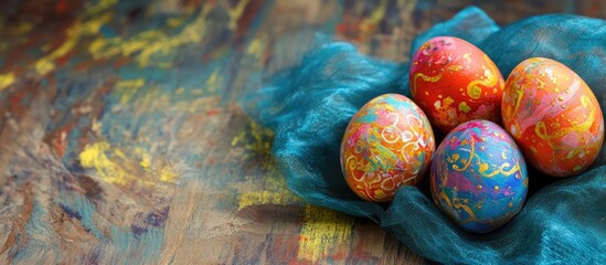 Wall Mural - Vibrant Easter eggs on textured fabric with ample negative space for promotional text or seasonal greetings