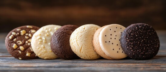 Canvas Print - Assorted gourmet cookies displayed on a rustic wooden surface showcasing texture and variety in flavors and colors.