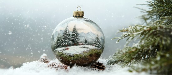 Canvas Print - Decorative Christmas ornament featuring a winter landscape surrounded by snow and pine branches creating a festive atmosphere