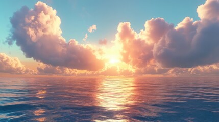 Wall Mural - Evening serenity with vibrant clouds reflecting over calm sea waters at sunset creating a peaceful coastal landscape