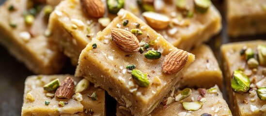 Poster - Close up of traditional soan papdi dessert topped with almonds and pistachios on a dark background