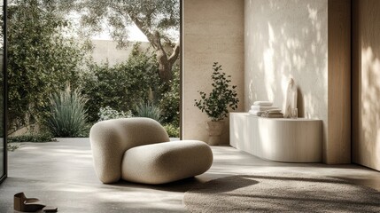 Aufkleber - A serene interior featuring a modern chair, natural light, and lush greenery.
