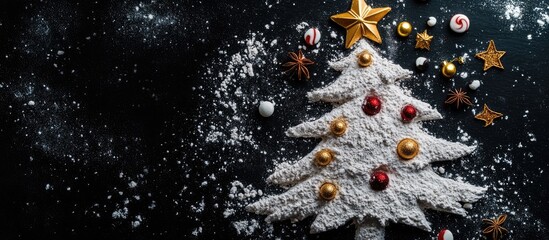 Canvas Print - Decorative Christmas tree created with flour and adorned with colorful candies and anise stars on a dark background