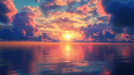 Wall Mural - Vibrant sunset over tranquil ocean with colorful clouds reflecting on the water surface creating a serene and picturesque landscape scene