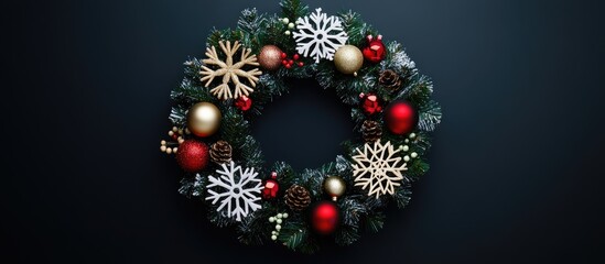 Christmas wreath with elegant snowflakes and ornaments beautifully displayed on a dark background for festive holiday decor and celebration