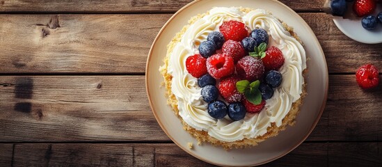 Canvas Print - Delicious Napoleon cake topped with fresh berries on a rustic wooden table offering a mouthwatering dessert experience