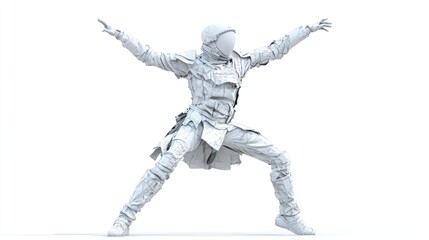 Poster - A stylized figure in a dynamic pose, dressed in a futuristic outfit against a white background.