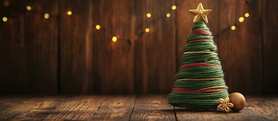 Handcrafted knitted Christmas tree adorned with a star against a rustic wooden background illuminated by soft fairy lights