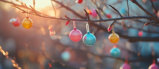 Canvas Print - Brightly colored ornaments hanging from a tree branch celebrating festive joy and seasonal festivities during sunset in a joyful setting