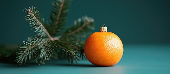 Canvas Print - Festive composition of a Christmas tree ornament alongside a vibrant tangerine and evergreen sprigs on a teal background