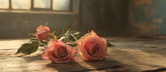 Poster - elegant pink roses lying gracefully on a rustic wooden table illuminated by soft natural light creat