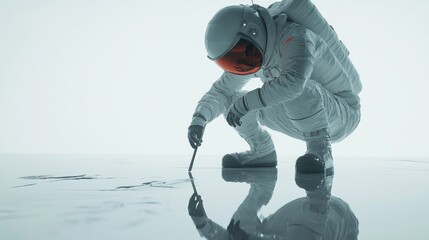 Poster - An astronaut crouches to examine a surface, reflecting curiosity and exploration.