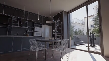 Aufkleber - Modern kitchen and dining area with large windows and outdoor access.