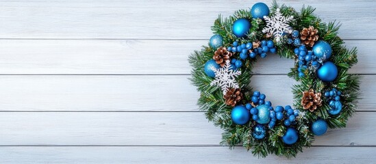 Canvas Print - Blue Christmas wreath with beads and snowflakes arranged on light wooden background viewed from above for festive holiday decor design