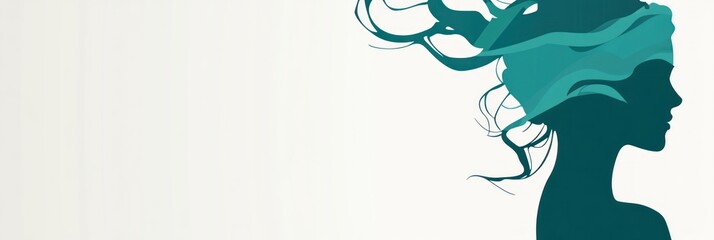 Fototapete - A silhouette of a woman with flowing hair, symbolizing tranquility and mindfulness.