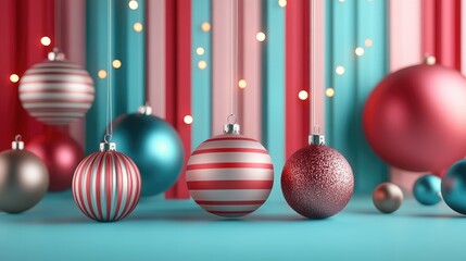 Wall Mural - Colorful Christmas ornaments and decorations arranged on a festive background for holiday celebrations and decoration concepts.