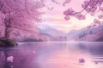 Poster - A serene landscape featuring cherry blossoms and a tranquil lake at sunset.