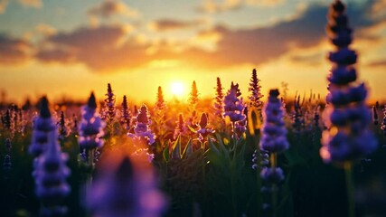Poster - A field filled with blooming wildflowers captures the vibrant colors of a sunset, creating a breathtaking view of nature's beauty.
