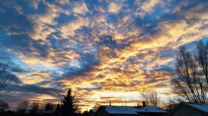 Wall Mural - vibrant clouds at sunset with golden hues illuminating the sky over a tranquil neighborhood landscap