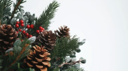 Canvas Print - Christmas wreath adorned with wild berries and pinecones crafted from spruce branches on a clean white background