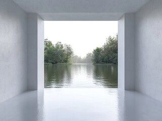 Poster - A serene view of a lake framed by a minimalist architectural space.
