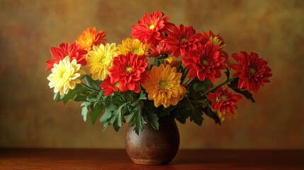 Wall Mural - Vibrant Chrysanthemum Bouquet in Rustic Vase Against a Warm Background