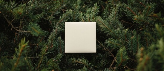 Wall Mural - Top view composition of a white gift box nestled among lush green spruce branches for festive holiday themes