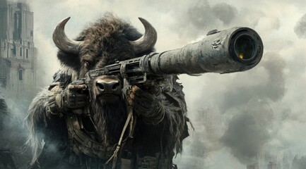 Poster - A bison wielding a sniper rifle in a smoky, war-torn landscape.