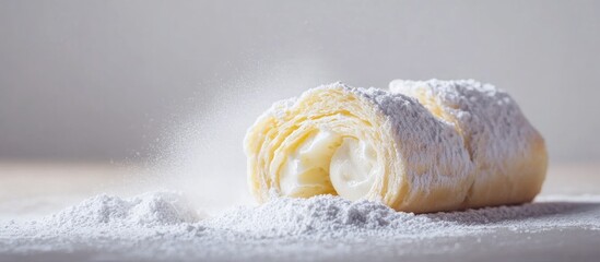 Canvas Print - Classic rolled pastry with powdered sugar showcasing a delicious creamy filling on a clean white background for dessert presentations.