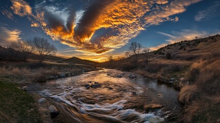 Wall Mural - serene river landscape at sunset with dramatic clouds and vibrant colors reflecting in the water und