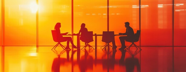 Poster - Silhouetted figures in a meeting, framed by a vibrant sunset backdrop.