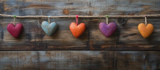 Wall Mural - Colorful decorative hearts hanging on twine with a rustic wooden background featuring ample copy space for creative use.