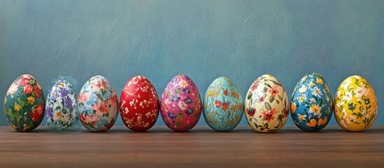 Wall Mural - Colorful Easter eggs with floral designs arranged on a wooden table against a blue background for festive spring decoration concepts.