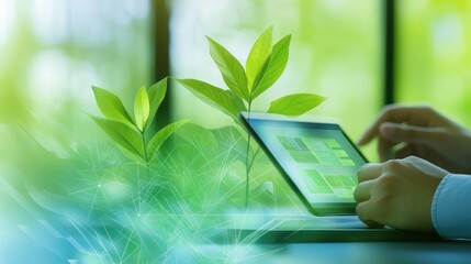 Aufkleber - A person using a tablet surrounded by green plants, symbolizing technology and nature integration.