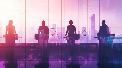Fototapete - Silhouettes of professionals at a conference with a cityscape backdrop.