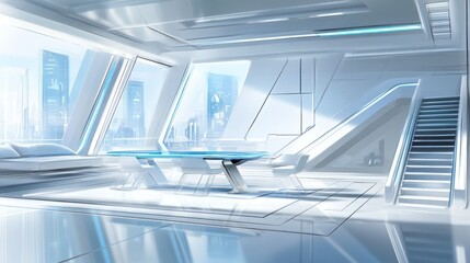 Aufkleber - A futuristic, sleek interior featuring a glass table and large windows with a modern aesthetic.