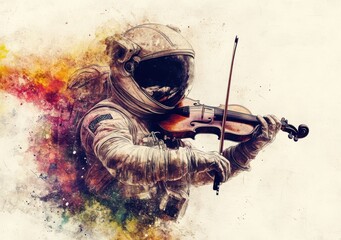 Aufkleber - An astronaut playing a violin, blending space and music in a colorful artistic representation.