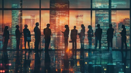 Aufkleber - Silhouetted figures in business attire against a city skyline at sunset.