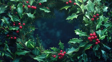 Canvas Print - Festive Christmas Wreath with Holly and Berries Surrounded by Dark Green Foliage for Holiday Celebrations and Decorations