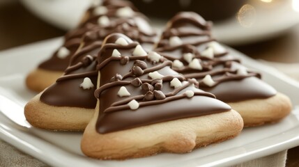 Canvas Print - Christmas tree shaped cookies decorated with chocolate drizzles and white frosting on a festive plate