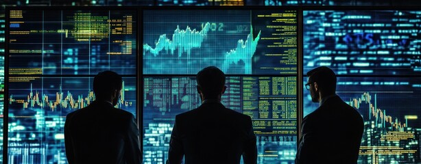 Aufkleber - Three professionals observing financial data on large screens in a modern office setting.