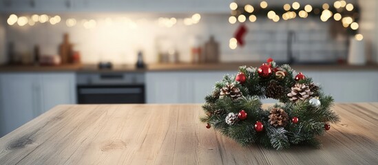 Canvas Print - Festive Christmas wreath adorned with ornaments on a rustic wooden kitchen table with twinkling lights in the background