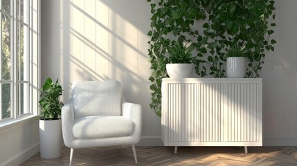 Aufkleber - A cozy interior featuring a white chair, plants, and a sleek cabinet in a sunlit room.