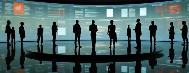 Aufkleber - Silhouetted figures in a high-tech environment, suggesting a business or technology setting.