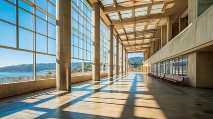 Aufkleber - A spacious, modern interior with large windows showcasing a scenic view of nature.