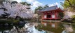 © NFTNexus - Cherry blossoms in bloom near traditional Japanese architecture reflecting in serene garden pond